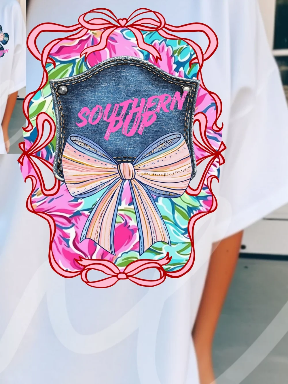 Gildan White Tee with Denim Patch Paw & Pastel Bow - Picture 3 of 16